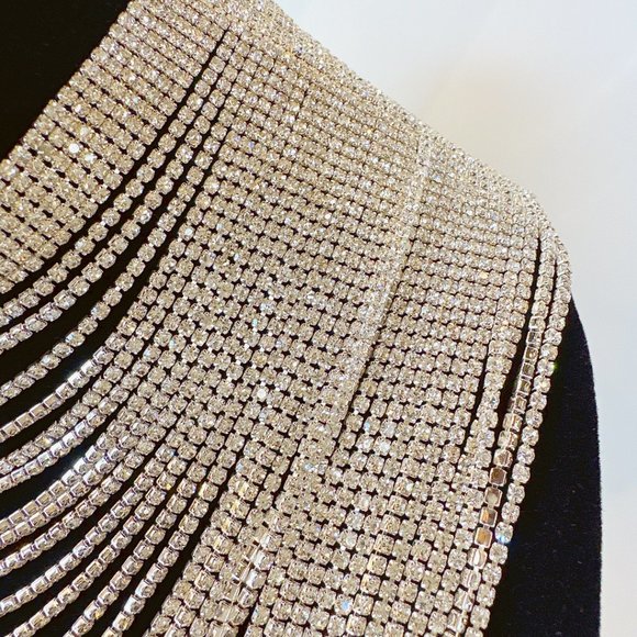 Silver -Tone Rhinestone Pave Waterfall Bib Necklace Multi Strand Chain Collar - Picture 3 of 10